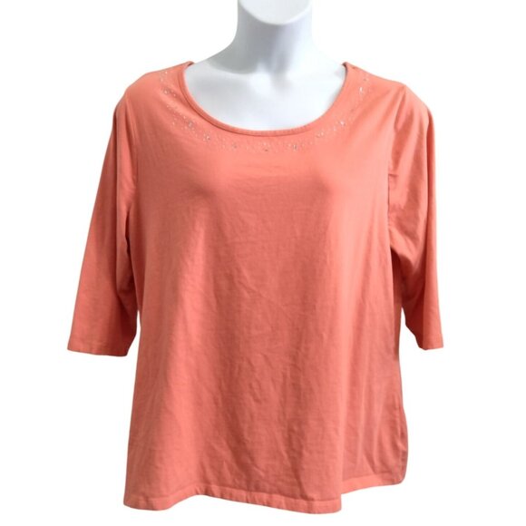 Lane Bryant Size 18/20W Top Coral 3/4 Sleeve Rhinestone Embellishment Modern Fit - Picture 2 of 11